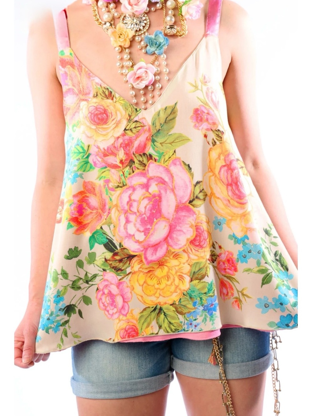Aratta Earth Angels Reversible V-Neck Cami in Pink Cream Floral, NWT